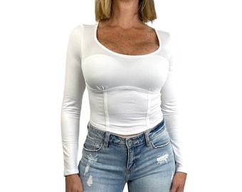 Long Sleeve Scoop Neck Crop Top - Soft Fitted Tee