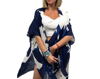 Navy Brushstroke Kimono Cover Up – Silky Bohemian Lightweight Cardigan