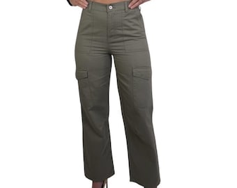 High Waist Wide Leg Cotton Cargo Pants with Pockets