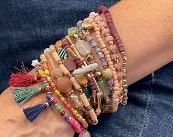 Pink Boho Bracelet Set, Mixed Media Beaded Bracelets