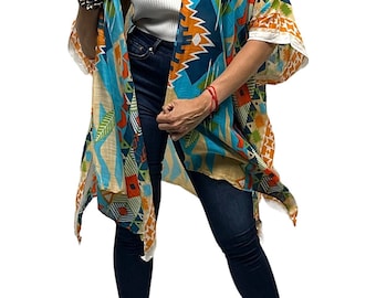 Bohemian Multicolor Viscose Kimono Wrap, Airy Cover Up