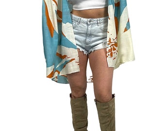 Bohemian Floral Print Viscose Kimono, Long Silhouette Cover Up