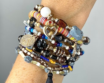 Boho Beaded Bracelet Set: Mixed Stone, Wood & Metal, Layered Charm