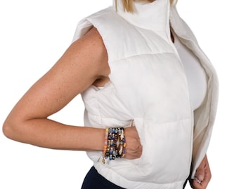 Women's Fashion High Neck Zipper Nylon Puffer Vest Jacket Coat,  Mother's Day Gifts