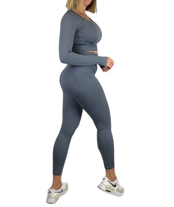 Kylai Charcoal Women Set, Scrunch Butt Lifting Seamless, Mineral Washed,  High Wasted Booty Workout Set Yoga Pants Running Jogging Set. 