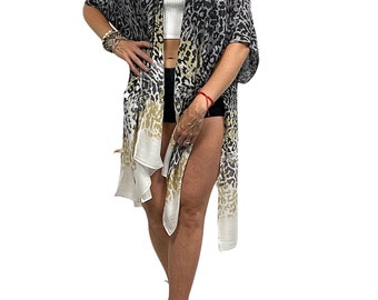 Leopard Charcoal Kimono / Bohemian Cover Up Wrap with Side Slits / Gift / Mother's Day