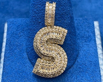 14k Gold CZ Baguette Letter S Initial Pendant