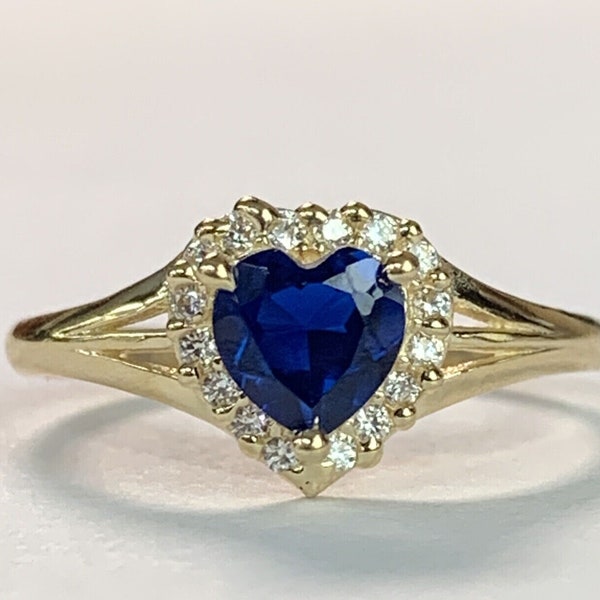 Vintage Style 14K Fine Gold Ring W / Blue Sapphire Heart & Cubic Zirconia
