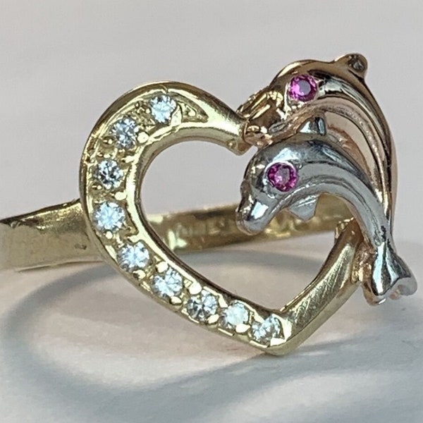 14k Tri - Color Gold Dolphin  Heart Ring With Cubic Zirconia