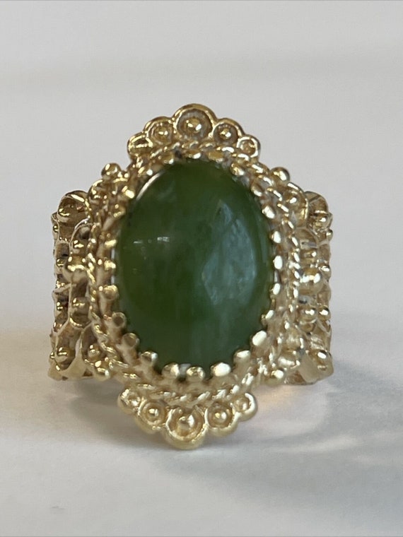Antique Vintage 14K Solid Gold Jade Cabochon Ring… - image 2