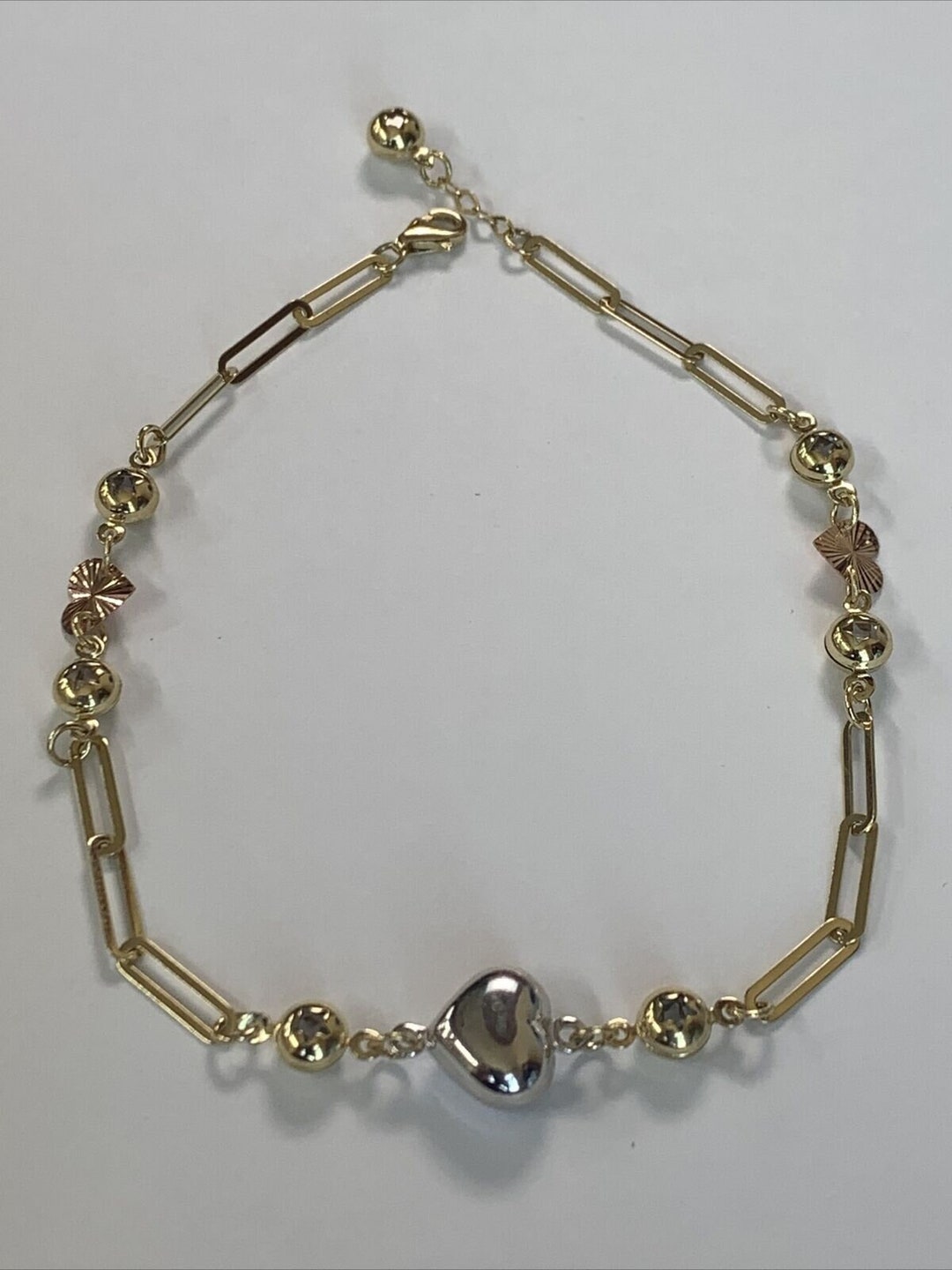 14k Tri Color Gold Ankle Bracelet Charm Anklet Puff Heart Rose Gold