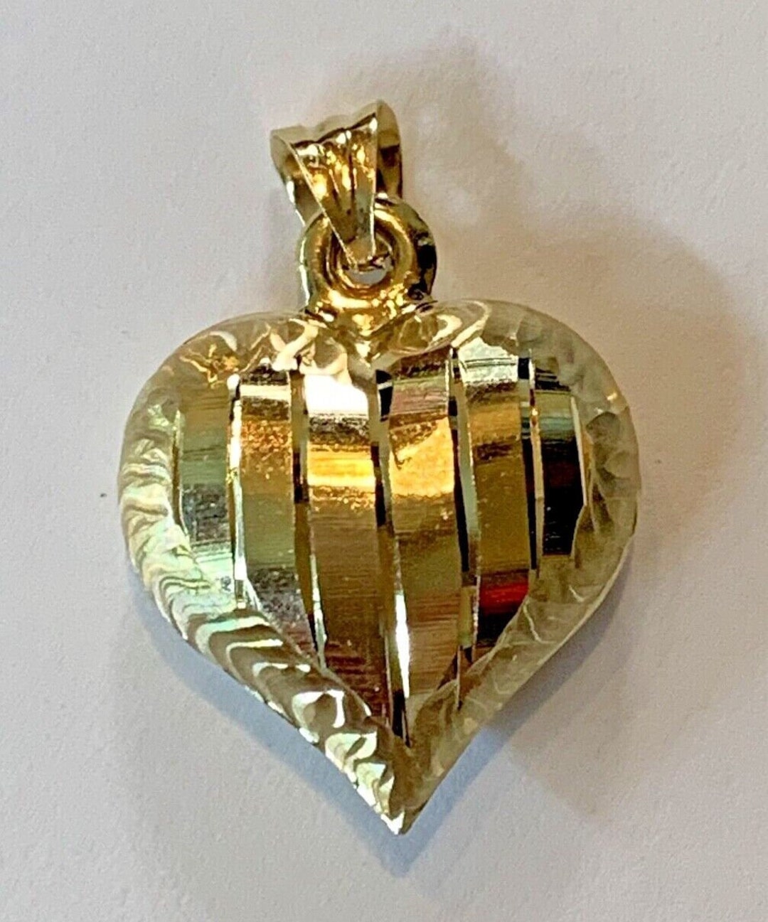 14K Gold Puff Heart Pendant / Charm for Necklace or Chain Unique Wave