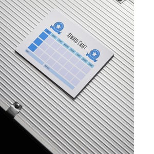 Puede incluir: Un cuadro de recompensas blanco con detalles azules y estrellas. El cuadro tiene una cuadrícula con los días de la semana y un espacio para un nombre. El texto "REWARD CHART" está impreso en la parte superior.