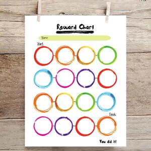 Könnte beinhalten: Ein druckbarer Belohnungs-Chart mit einem farbenfrohen Design. Der Chart zeigt eine Reihe von Kreisen, die durch Linien verbunden sind, mit den Worten "Start" und "Finish" am Anfang und Ende. Der Chart ist mit "Reward Chart" betitelt und enthält einen Platz für einen Namen.