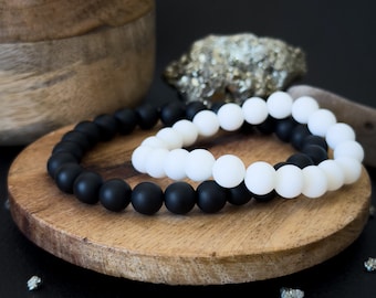 Black Onyx and White Jade Matching Bracelets For Couples, Handmade Jewelry Distance Bracelets, First Anniversary Gift For Her, Gift For Him