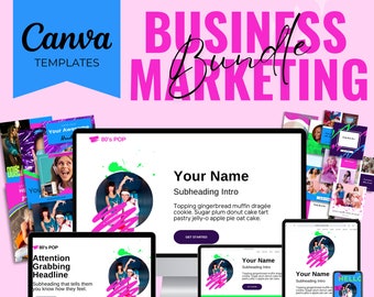 Website and Sales Page Canva Templates Business Marketing Bundle Neon Theme. Pinterest Pins, Social Squares, Insta link in bio, banner ads