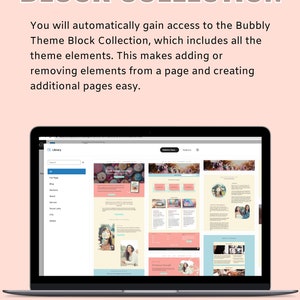 May include: A screenshot of a computer screen showing a website design tool with a library of pre-designed website elements. The website elements are organized into categories such as "Full Page", "Blog", "Sections", "About", "Services", "Social Links", "CTAs", and "Sliders". The website elements are designed in a modern, minimalist style with a pink and blue color scheme.