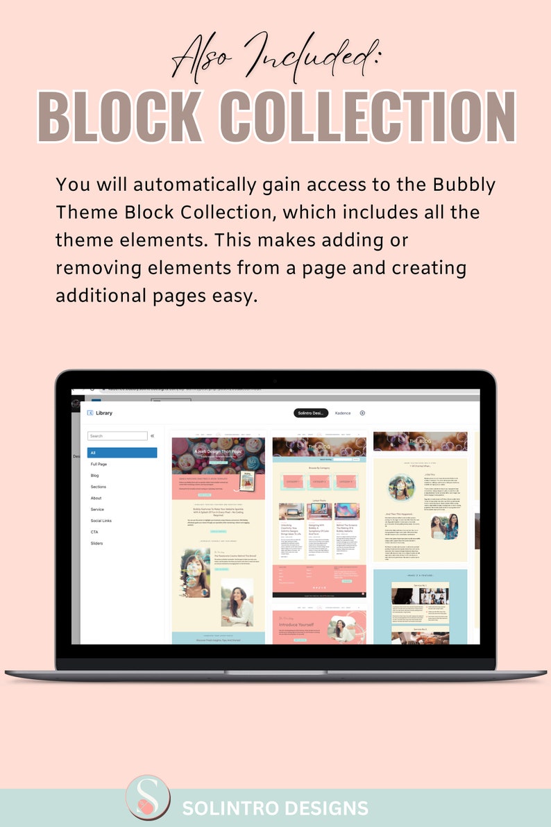May include: A screenshot of a computer screen showing a website design tool with a library of pre-designed website elements. The website elements are organized into categories such as "Full Page", "Blog", "Sections", "About", "Services", "Social Links", "CTAs", and "Sliders". The website elements are designed in a modern, minimalist style with a pink and blue color scheme.