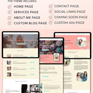 May include: A website design template for a business website. The website features a pink and white color scheme with a focus on services, products, and resources. The website also includes a contact page, social links page, coming soon page, and a custom 404 page.