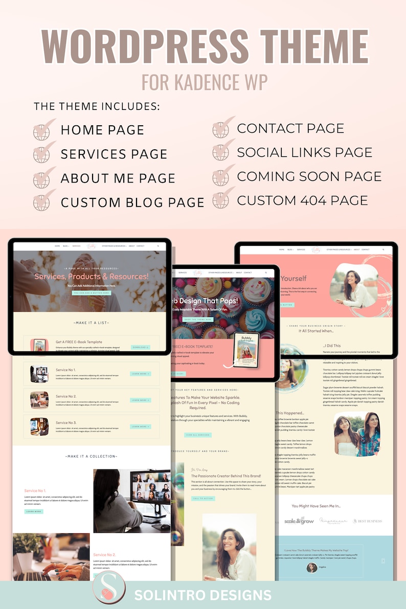 May include: A website design template for a business website. The website features a pink and white color scheme with a focus on services, products, and resources. The website also includes a contact page, social links page, coming soon page, and a custom 404 page.