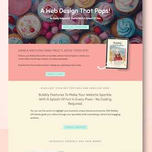 May include: A website design template with a colorful cupcake background. The template is called "Bubbly" and is described as an easily adaptable theme with a splash of fun. The website design is by Solintro Designs.