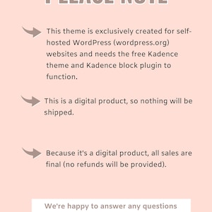 May include: Important notes for buyers of a WordPress theme. The theme is exclusively created for self-hosted WordPress websites and requires the free Kadence theme and Kadence block plugin to function. It is a digital product, so nothing will be shipped. All sales are final and no refunds will be provided. Contact the seller with any questions before purchasing.