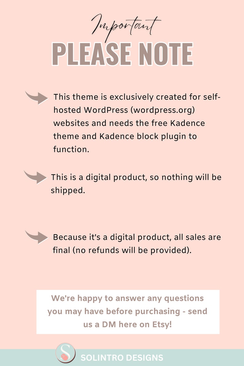 May include: Important notes for buyers of a WordPress theme. The theme is exclusively created for self-hosted WordPress websites and requires the free Kadence theme and Kadence block plugin to function. It is a digital product, so nothing will be shipped. All sales are final and no refunds will be provided. Contact the seller with any questions before purchasing.