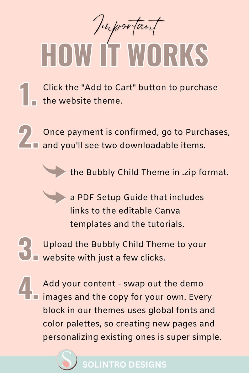 May include: A pink and brown graphic with the text "Important" and "How It Works" in large, bold letters. The graphic outlines four steps for using a website theme, including downloading a .zip file, a PDF setup guide, and uploading the theme to a website.