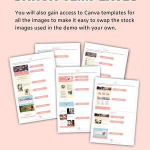 May include: A pink and white graphic with the text "Also Included: Canva Templates" and a description of how to use Canva templates to swap out stock images. The graphic shows several Canva templates for different website pages, including "Home", "Coming Soon", "About", "Services", "Blog", and "Contact Us".