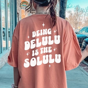 K&ouml;nnte beinhalten: Ein terracottafarbenes T-Shirt mit dem Text "Being Delulu is the Solulu" in Wei&szlig;. Der Text ist in einer Retro-Schriftart mit Sternen drumherum.