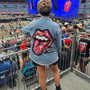 Custom Rolling Stones Concert Jacket Painted Rock and Roll Denim Jacket Music Artist Concert Jacket Custom Gift Painted Fan Art