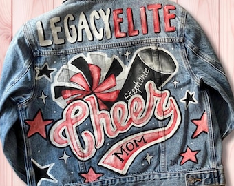 Painted Cheer Mom Jacket: Custom Team Design Stunt Cheerleading Competition Outfit (Send Your Denim)