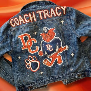 Custom Painted Denim Coach Jacket: School Mascot Team Colors