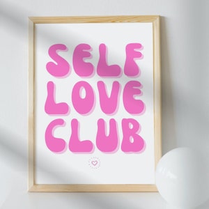 Retro Estética Self Love Club Pink Wall Art, Impresión de arte de los años 70, Linda descarga digital, Cartel de positividad de moda Imprimible Room Deco