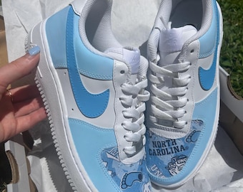 UNC Tarheel Custom Painted Air Force - Unique Handpainted Sneakers - Made to Order - UNC Chapel Hill - Streetwear Fashion - Baby Blue