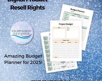 Może przedstawiać: Drukowany planer budżetu na 2025 rok. Planer zawiera sekcje dla strumieni dochodów, budżetów projektów i zadań projektowych. Planer został zaprojektowany w jasnoniebieskiej i zielonej kolorystyce z tekstem "Colorfuldays Designer" w kółku.