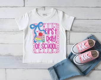 Preppy Coquette First Day of School png, Girly School png, Blue Bow, Notebooks, School png, Teacher Shirt Design, Pink png for Sublimation