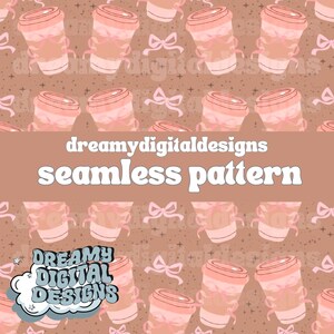 Patrón digital de café y moños sin costuras / Fondo moderno para amantes del café para sublimación y manualidades / Descarga de papel digital con lindo moño