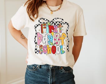 Colorful Coquette Checkered Bow First Day Of School png, Back to School png, First Day Teacher Shirt Design, School Sublimation Png