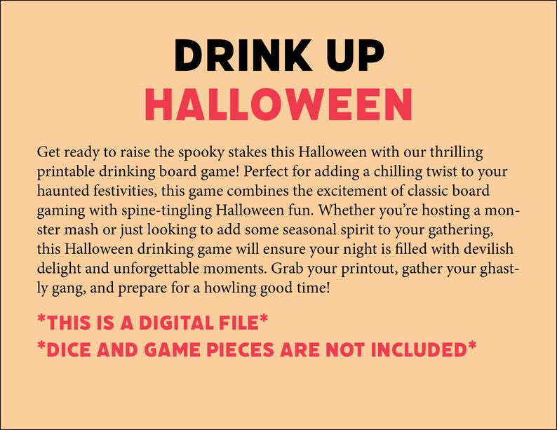 Halloween Drinking Game, Halloween Printable Board Game, Halloween Party Games, Halloween Games for Adults, Halloween Printable Activities