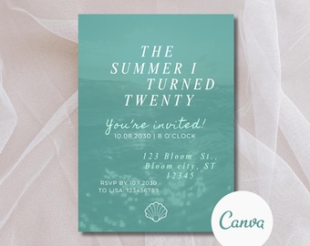 Summer I Turned Pretty Birthday Invite Template, Editable Beach Birthday Invitation, Minimalist Canva Summer Party Invite