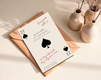 Editable 21st Birthday Invitation Template • Casino Poker “All In” Spade Playing Card Design • Instant Download Canva Template