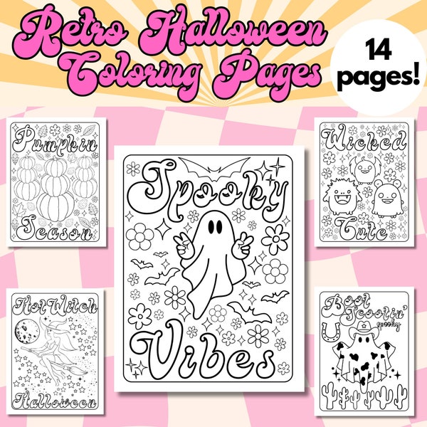 Retro Halloween Coloring Pages, 14 Groovy Spooky Coloring Sheets for All Ages, Print Coloring Pages, 70s Style Halloween Holiday Activity