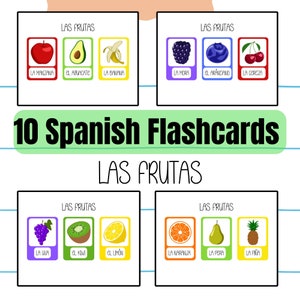Spanish Fruits Flashcards, Language Learning Study Tool for Beginners, Set of 10, Fill in the Blank, Teaching Resources, Back to School