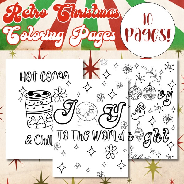 Groovy Christmas Coloring Pages, 10 Retro Festive Coloring Sheets for All Ages, Print Coloring Pages, 70s Style Christmas Holiday Activity