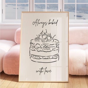 Baked With Love, plakat na ścianę do kuchni, ciasto, grafika liniowa, sztuka pieczenia, estetyczna sztuka ścienna, wystrój kuchni, apartament, prezenty dla piekarza, modny