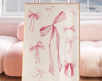 Trendy Pink Bows Wall Art, Pink Bow Print, Coquette Room Decor, Balletcore Wall Art, Retro Print, Preppy Poster, Digital Art, Coquette Pink