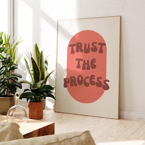Impressão artística de letras tipográficas Trust the Process Bubble, arte imprimível em vermelho e laranja, arte retrô descolada para quarto, impressão boho para apartamento, fofa