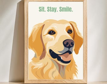 Sit Stay Smile Wall Art | Golden Retriever Art | Dog Wall Art | Puppy Poster | Bedroom Wall Art | Yellow Dog Poster | Instant Download | Dog
