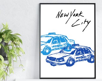 New York City Wall Art Blue Taxi Cab Poster Trendy Art NYC Poster Decor City Prints Bedroom Dorm Room